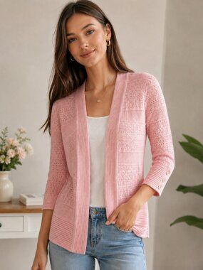 NWT Venini Pointelle Open Front Cardigan Sweater Pink S
